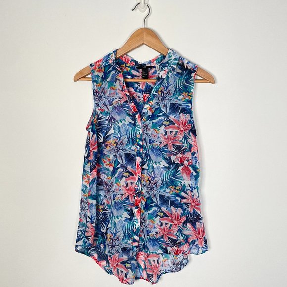 H&M Sleeveless Button Down Floral Tropical Blouse Sz 2 - Picture 1 of 14